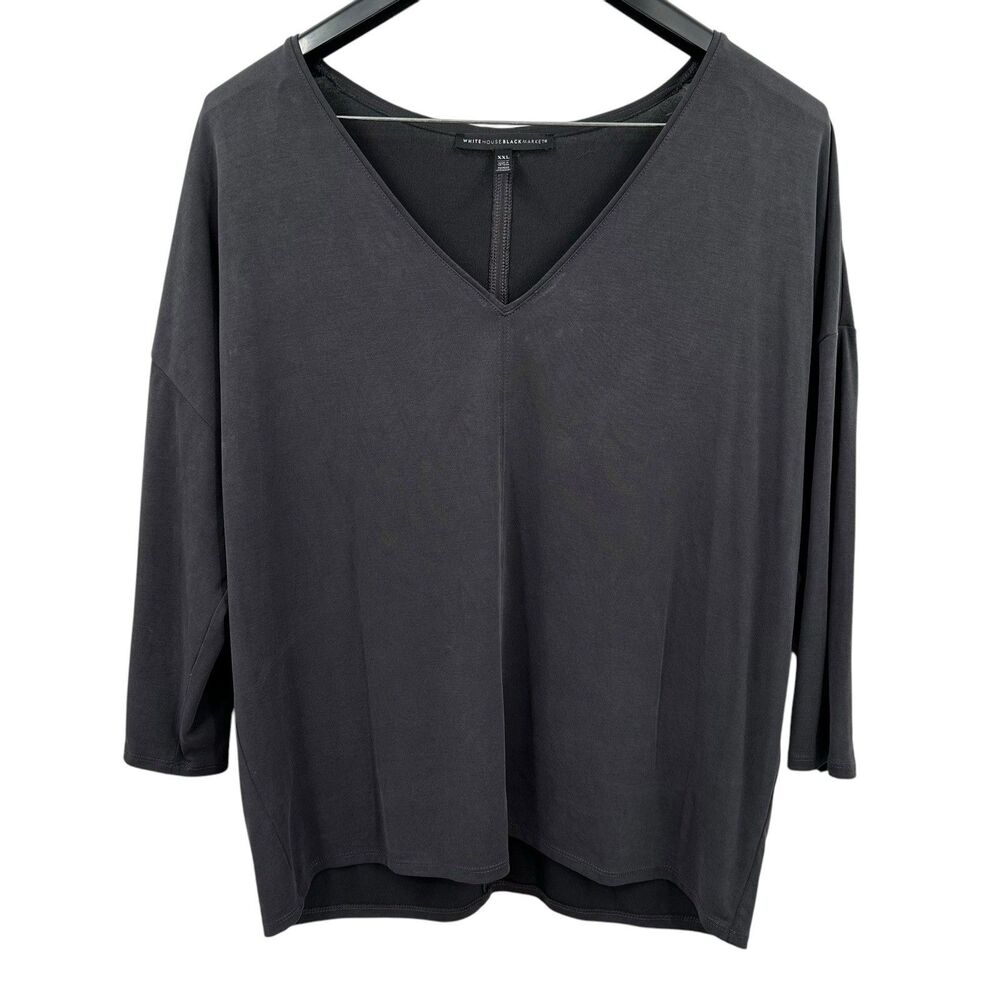 WHBM T-Shirt Tee XXL Dark Gray Jersey Knit V-Neck Relaxed Dolman 3/4 Sleeve